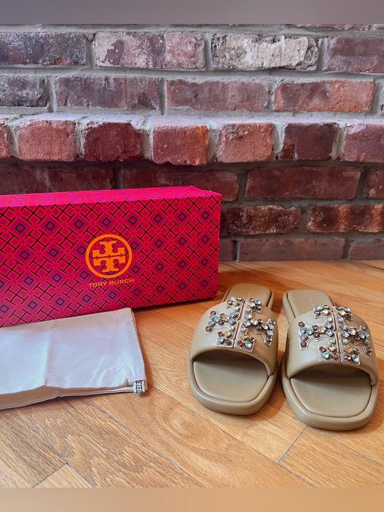 Tory Burch Shoes - Tory Burch Ginger Shortbread Tan Crystal Double T Leather Sport Slide Sandals